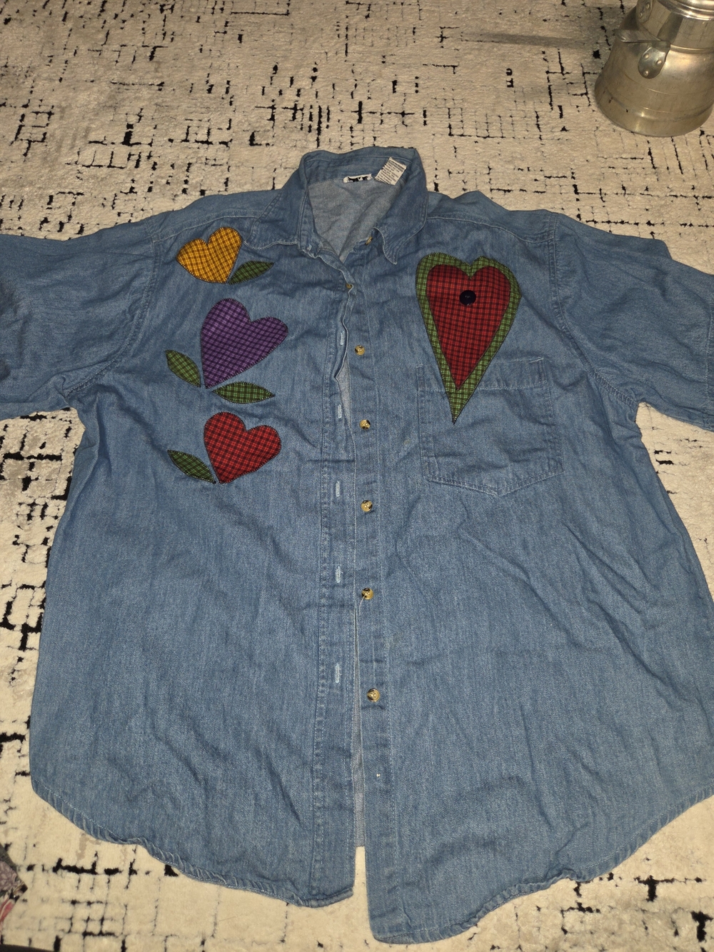 PTNY Women's 2X Denim Heart Patchwork Button-Up Shirt Vintage 80s 90s Rare